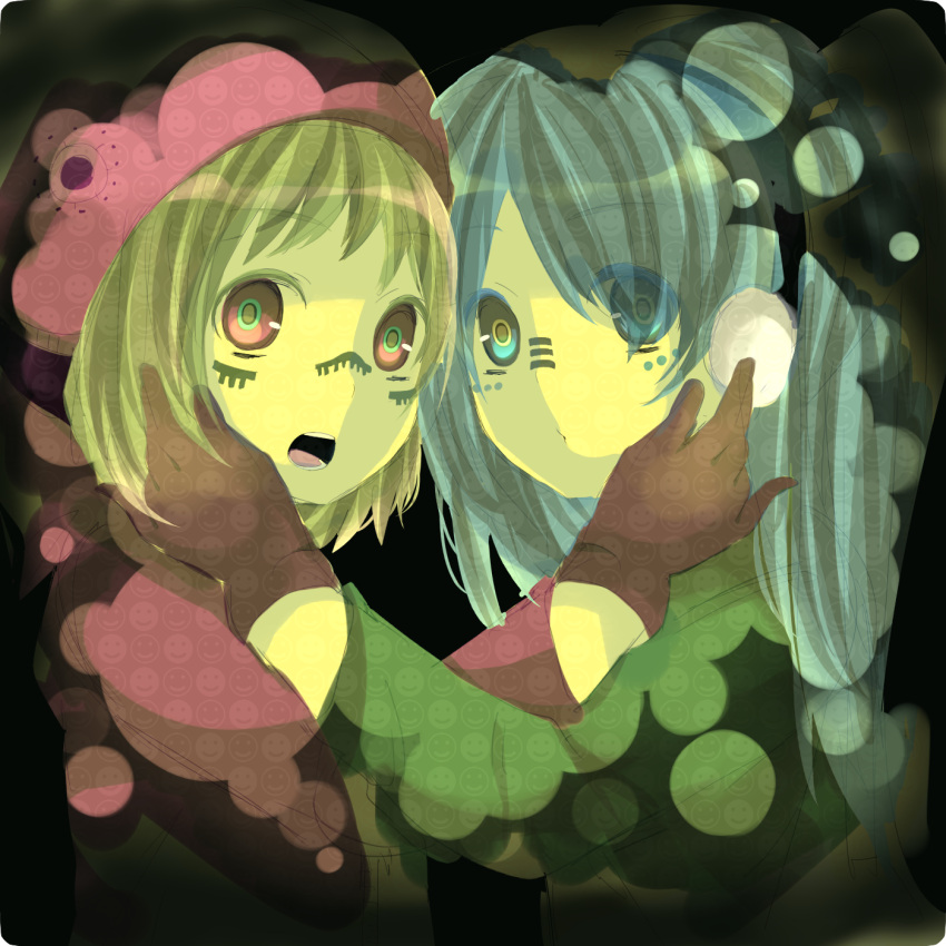 blue_eyes, gloves, green_hair, gumi, hand_on_another's_face, hand_on_face, hatsune_miku, headphones