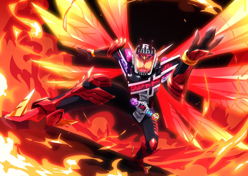 1boy, 2009, armor, asymmetrical_armor, belt, commentary_request, decade_rider_watch, energy_wings, fire, highres, kamen_rider, kamen_rider_ooo, kamen_rider_ooo_(series), kamen_rider_zi-o, kamen_rider_zi-o_(series), landing, male_focus, mask, ooo_rider_watch, otokamu, powering_up, red_armor, solo, spiked_footwear, tajador_(ooo_combo), wings, ziku_driver