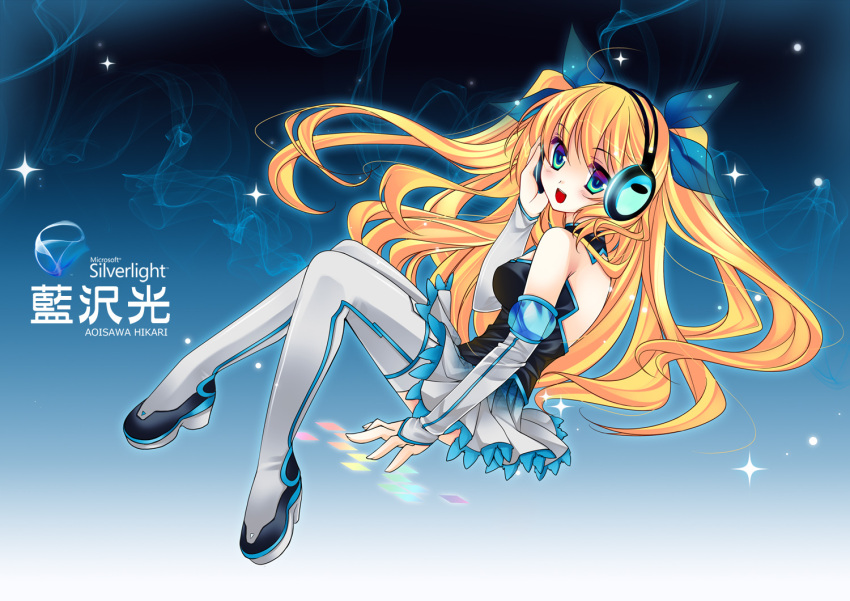 akao, blonde_hair, boots, campaign_girl, chinese, detached_sleeves, frutiger_aero, hair_ornament