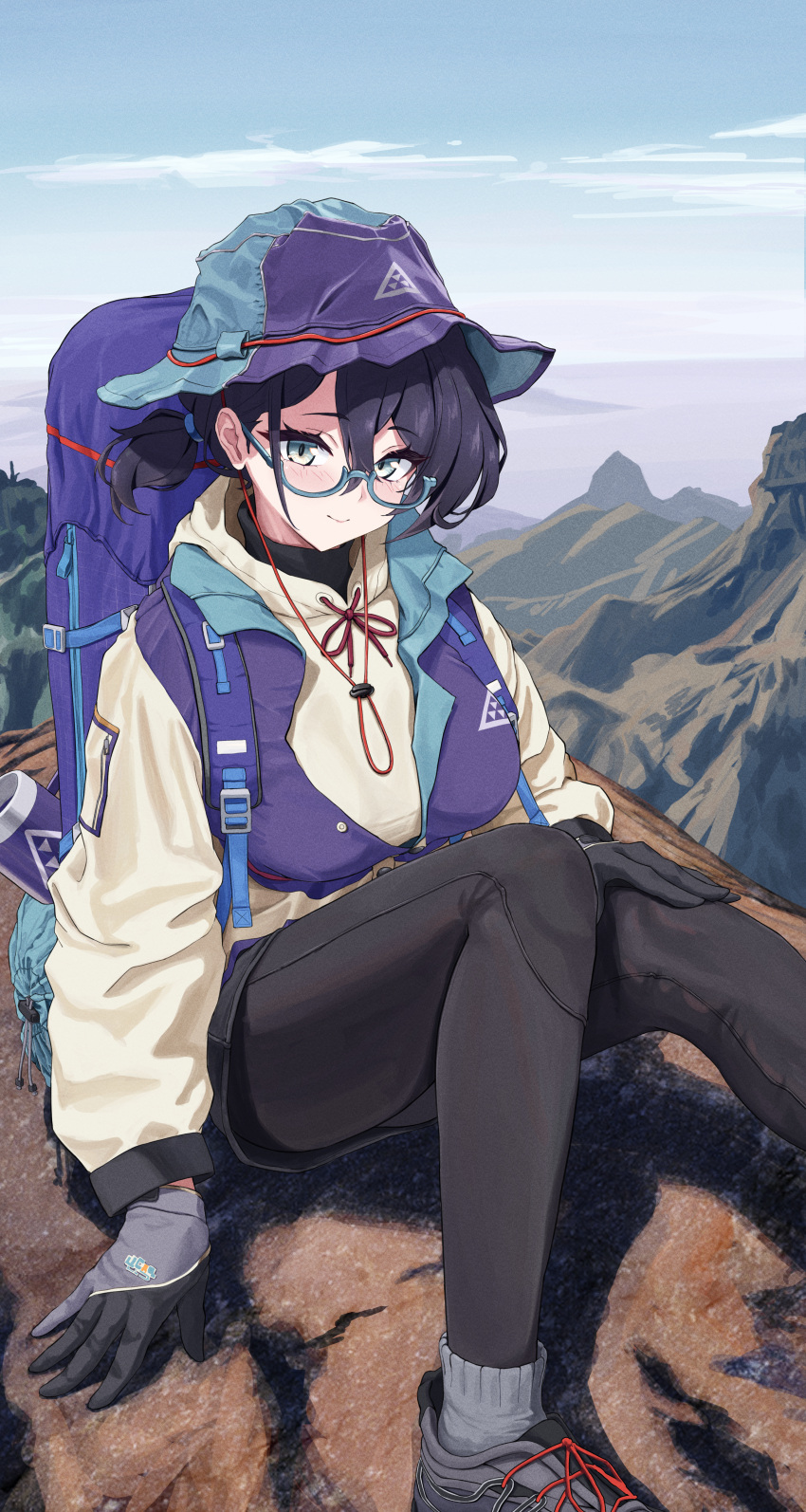1girl, absurdres, backpack, bag, black_gloves, black_hair, black_leggings, black_shorts