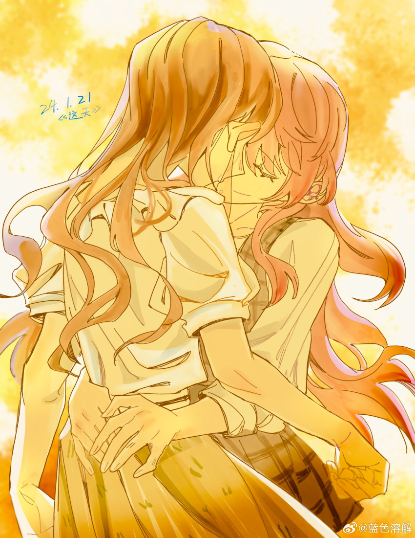 2girls, absurdres, bang_dream!, bang_dream!_it's_mygo!!!!!, blush, brown_hair, brown_skirt, chihaya_anon