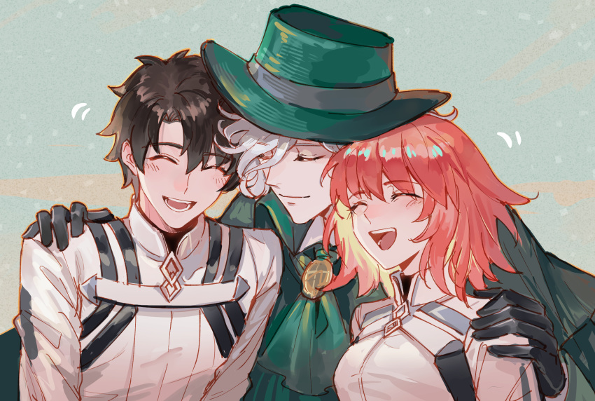 1girl, 2boys, black_gloves, black_hair, blush, chaldea_logo, chaldea_uniform, cloak