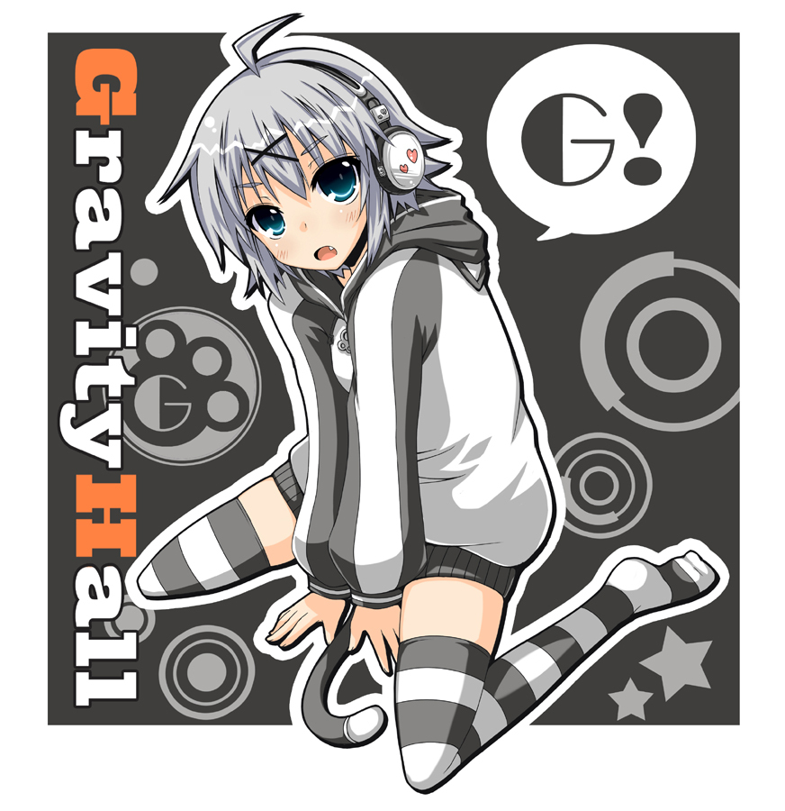 fang, headphones, hoodie, original, rock_heart, short_hair, silver_hair, solo