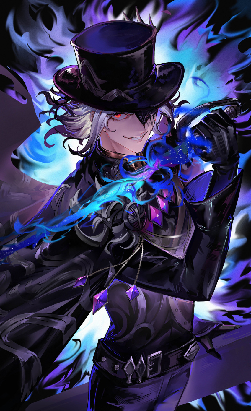 1boy, absurdres, belt, black_fire, black_gloves, blue_fire, cracked_skin, cross-shaped_pupils