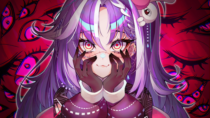 1girl, :3, beads, black_gloves, blush, braid, braided_bangs, closed_mouth