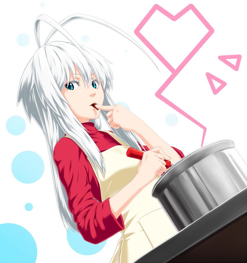 animal_ears, apron, blue_eyes, chocolate, chocolate_making, cooking, dutch_angle, finger_sucking