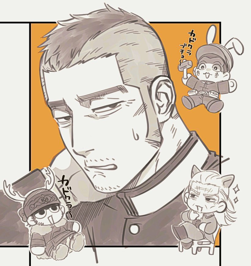 4boys, :d, chibi, chibi_inset, facial_hair, goatee_stubble, golden_kamuy, greyscale_with_colored_background