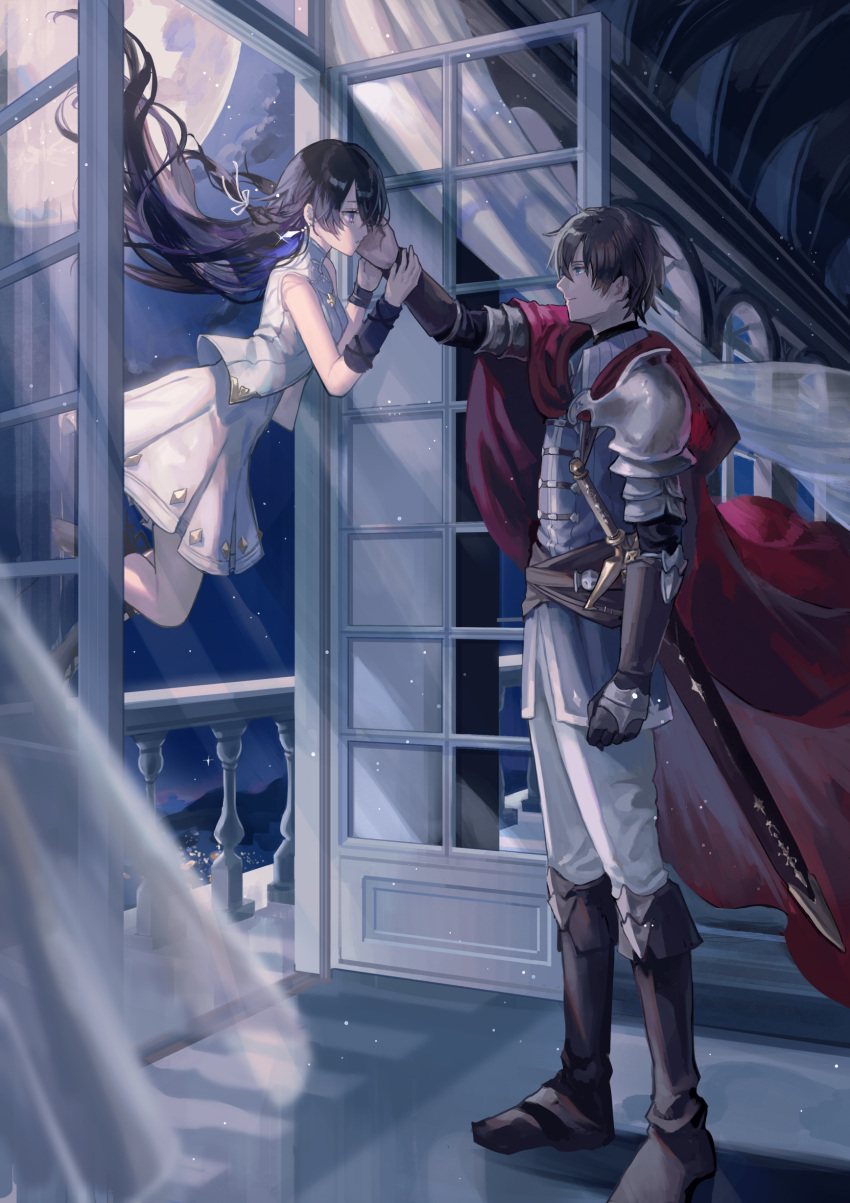 1boy, 1girl, absurdres, balcony, belt, black_hair, blue_eyes, blue_shirt, brown_footwear, brown_gloves, brown_hair, cape, dress, earrings, floating, from_side, full_moon, gloves, hand_on_another's_cheek, hand_on_another's_face, highres, holding_another's_arm, jewelry, long_hair, looking_at_another, moon, night, night_sky, nomuraumu, oscar_(unnamed_memory), pants, red_cape, sheath, sheathed, shirt, short_hair, shoulder_pads, sky, sleeveless, sleeveless_dress, smile, sword, tinasha_(unnamed_memory), unnamed_memory, very_long_hair, weapon, white_dress, white_pants