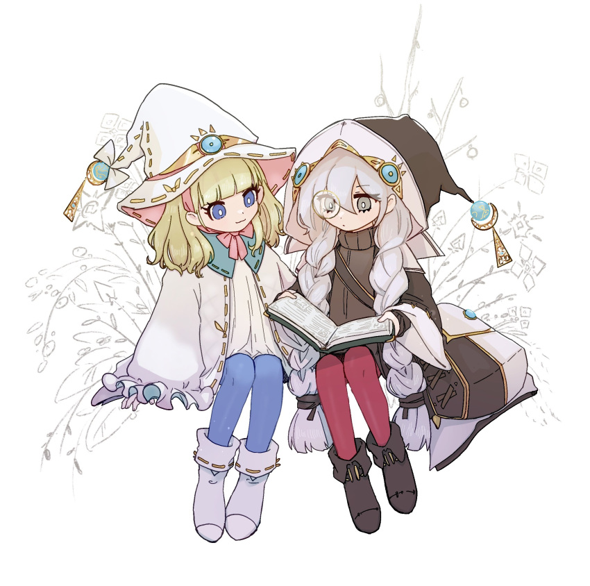 2girls, asteria_of_the_white_woods, bag, blonde_hair, blue_eyes, blue_pantyhose, blunt_bangs, book