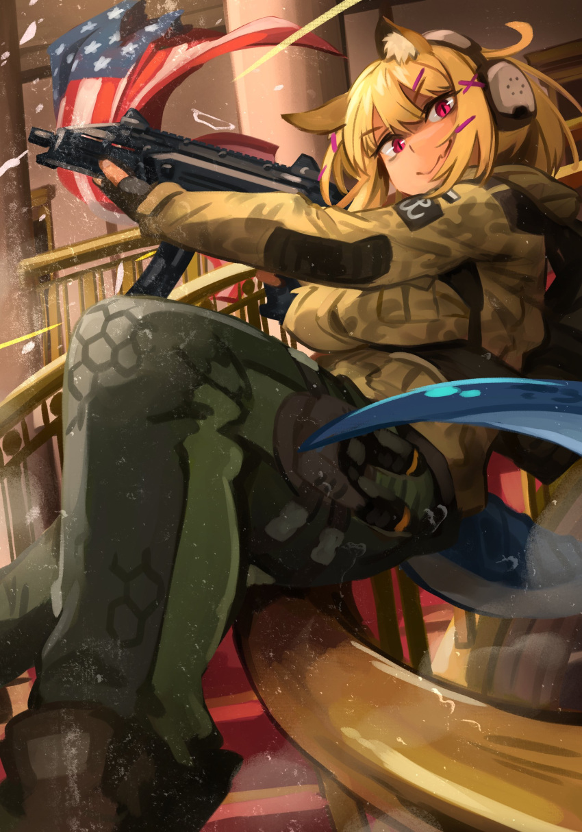 1girl, absurdres, american_flag, animal_ears, arknights, blonde_hair, camouflage, camouflage_jacket, commission, cz_scorpion_evo_3, ela_(rainbow_six_siege), green_pants, headgear, highres, jacket, khyle., long_hair, looking_at_viewer, pants, polish_flag, rainbow_six_siege, red_eyes, sliding, smile, solo, utage_(arknights)