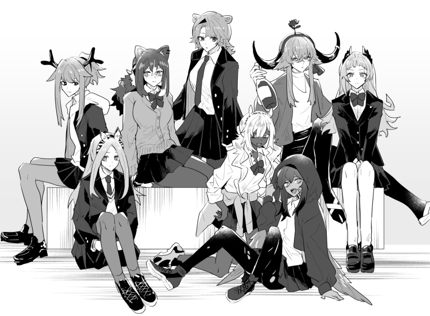 6+girls, absinthe_(arknights), alternate_costume, animal_ears, antlers, arknights, bear_ears, bear_girl