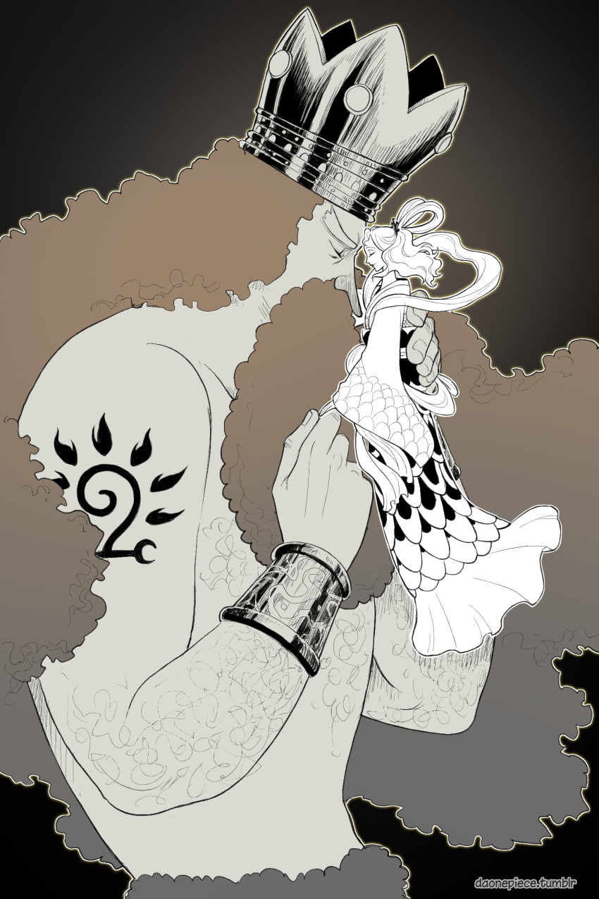 arm_tattoo, armlet, beard, closed_eyes, couple, daonepiece, english_commentary, facial_hair