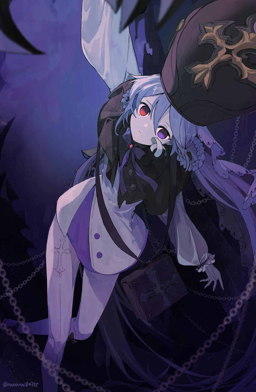 1girl, arm_up, black_capelet, black_hat, blank_stare, book_holster, capelet, chain