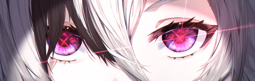 1girl, arlecchino_(genshin_impact), black_hair, close-up, commentary_request, eye_focus, genshin_impact, glowing