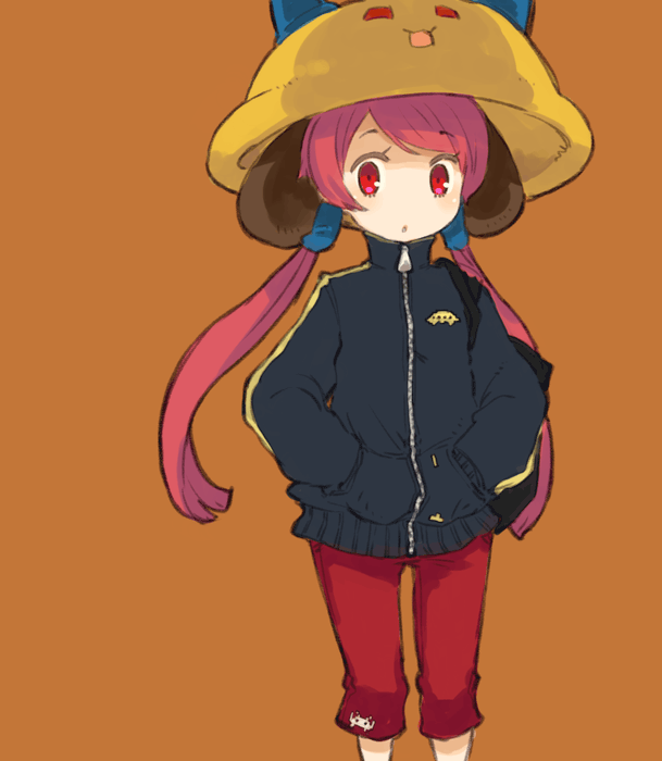 hands_in_pockets, hat, jacket, mota, pants, pink_hair, red_eyes, simple_background, solo, space_invaders, space_invaders_extreme_2, twintails, ufo-co