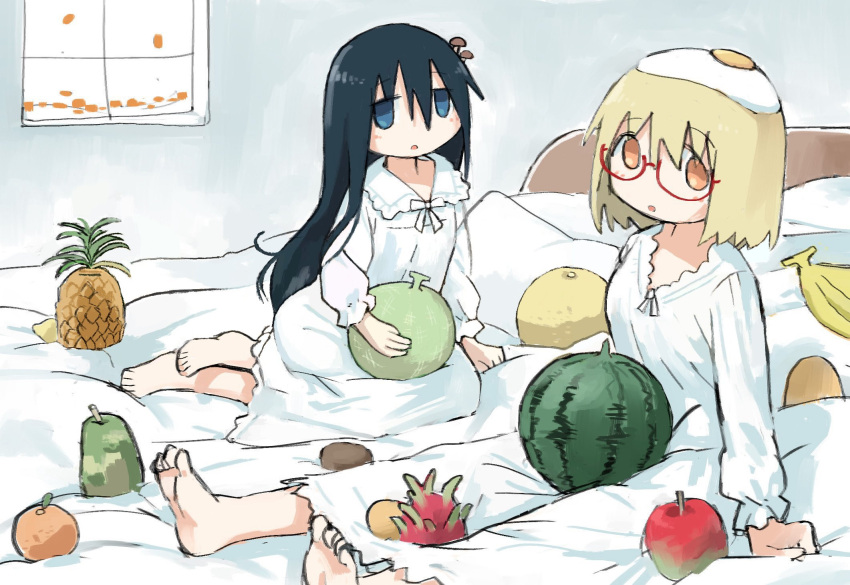 apple, banana, barefoot, black_hair, blonde_hair, blue_eyes, bob_cut, dragon_fruit, egg_(food), egg_hair_ornament, egg_yolk, food, food-themed_hair_ornament, food_on_head, fried_egg, fruit, glasses, hair_ornament, has_bad_revision, has_watermarked_revision, highres, honeydew_(fruit), kiwi_(fruit), long_hair, melon, mushroom, mushroom_on_head, object_on_head, official_art, on_bed, orange_(fruit), pajamas, pear, pineapple, red-framed_eyewear, red_apple, semi-rimless_eyewear, shimeji_simulation, sitting, third-party_edit, third-party_source, tsukishima_shijima, tsukumizu_yuu, watermelon, white_pajamas, window, yamashita_majime, yellow_eyes, yokozuwari