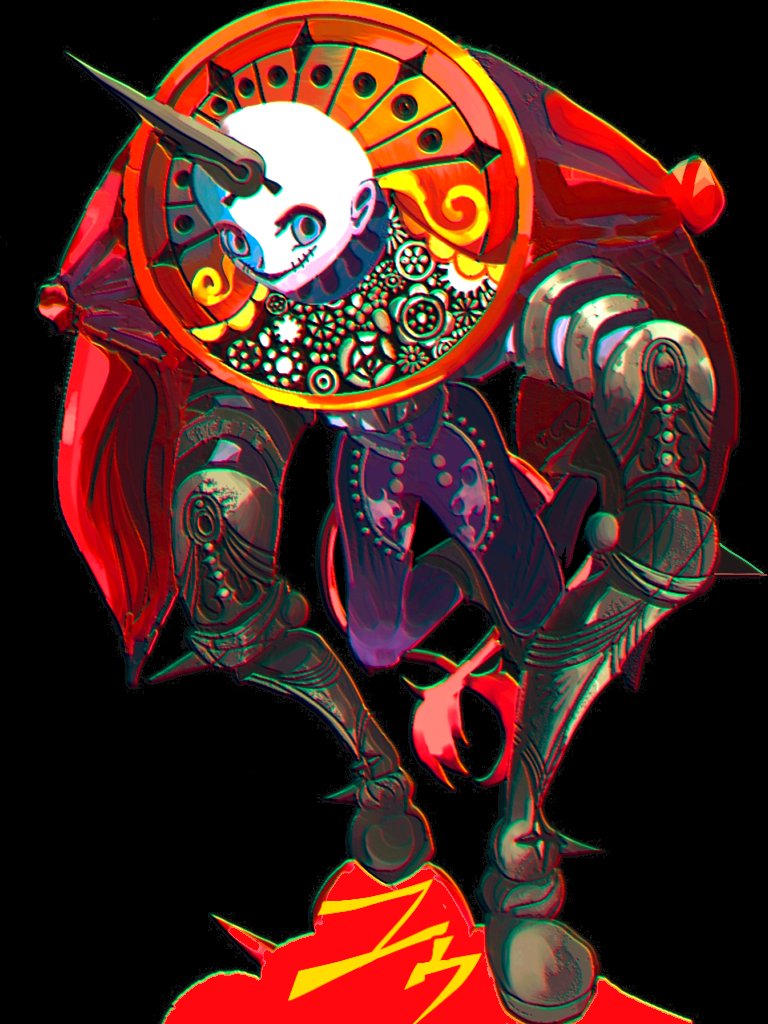 1girl, armor, bald, black_background, black_horns, blue_eyes, character_name, colored_skin, commentary, english_commentary, full_body, horns, looking_at_viewer, magia_record:_mahou_shoujo_madoka_magica_gaiden, magical_girl, mahou_shoujo_madoka_magica, natae_(niteeee9314), pants, purple_pants, single_horn, smile, solo, standing, stitched_mouth, stitches, white_skin, yumeno_yusa