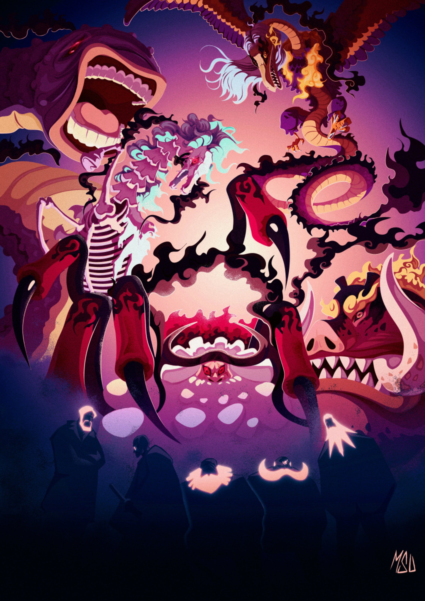 5boys, absurdres, alternate_form, bakotsu_(youkai), bald, beard, bird, black_fire