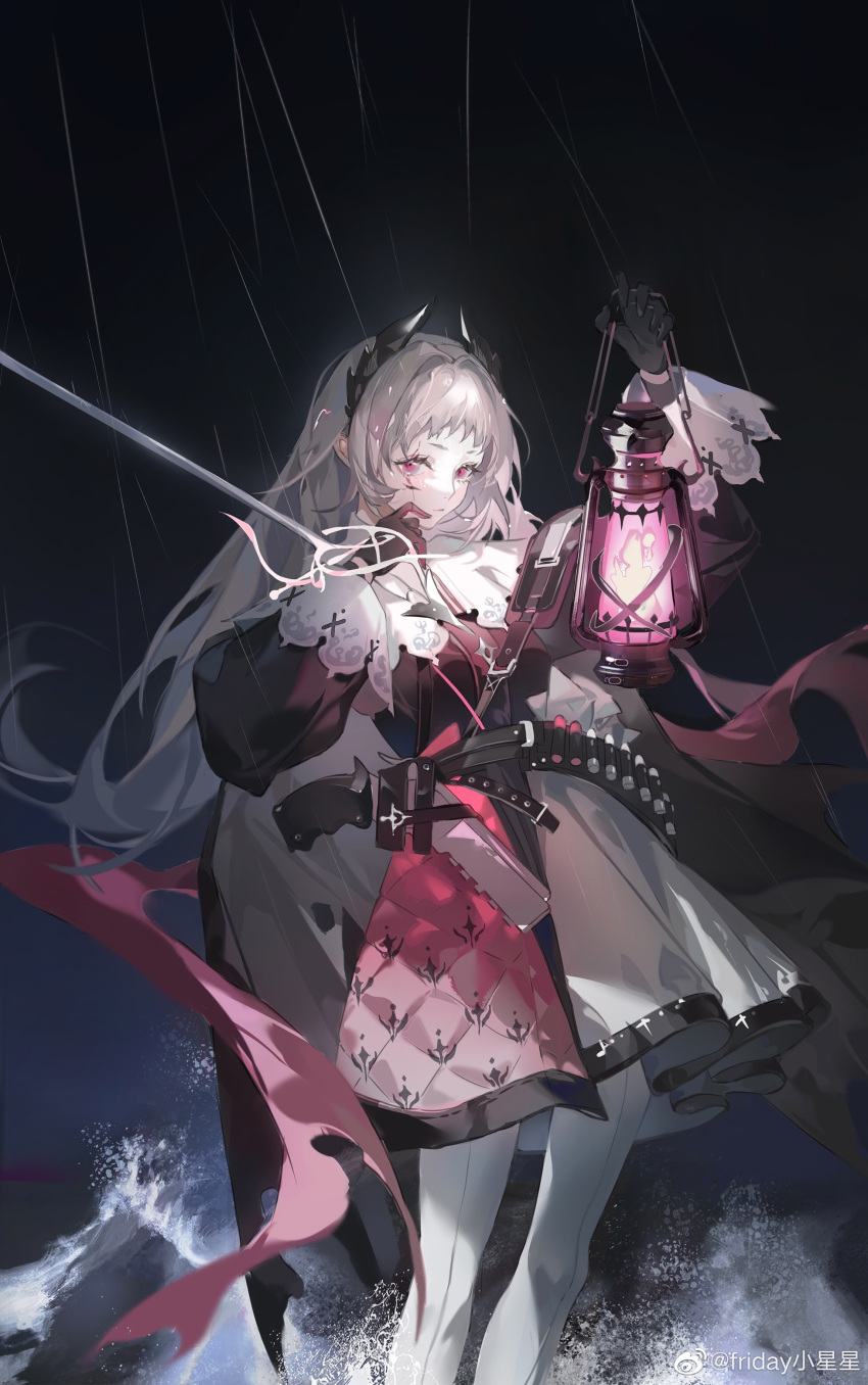 1girl, absurdres, arknights, arm_up, black_cape, black_gloves, black_shirt, black_sky, cape, chinese_commentary, closed_mouth, commentary_request, dark, expressionless, feet_out_of_frame, friday_xiao_xingxing, gloves, grey_eyes, grey_hair, gun, hair_intakes, hand_up, handgun, highres, holding, holding_lantern, holding_sword, holding_weapon, holstered, irene_(arknights), lantern, layered_skirt, long_hair, long_sleeves, looking_at_viewer, night, night_sky, ocean, outdoors, pantyhose, pink_eyes, pink_ribbon, pink_skirt, rain, ribbon, shirt, skirt, sky, solo, standing, sword, water, watermark, weapon, weibo_logo, weibo_watermark, white_pantyhose, white_skirt
