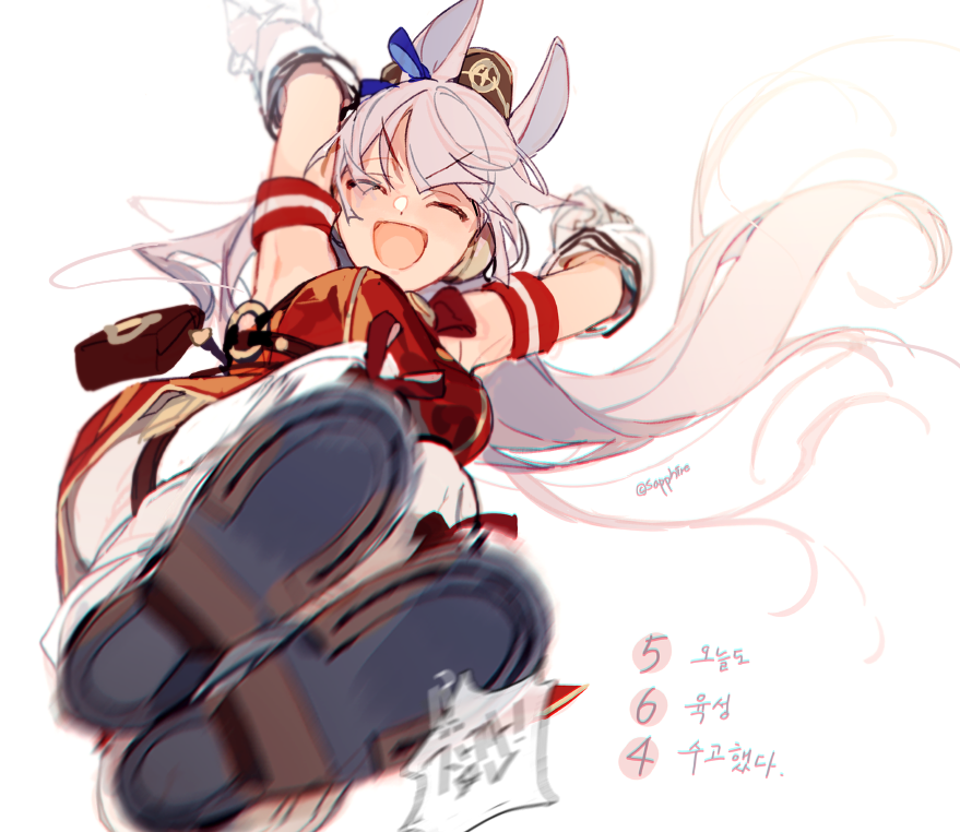 1girl, animal_ears, armband, armpits, arms_up, breasts, brown_hat, closed_eyes