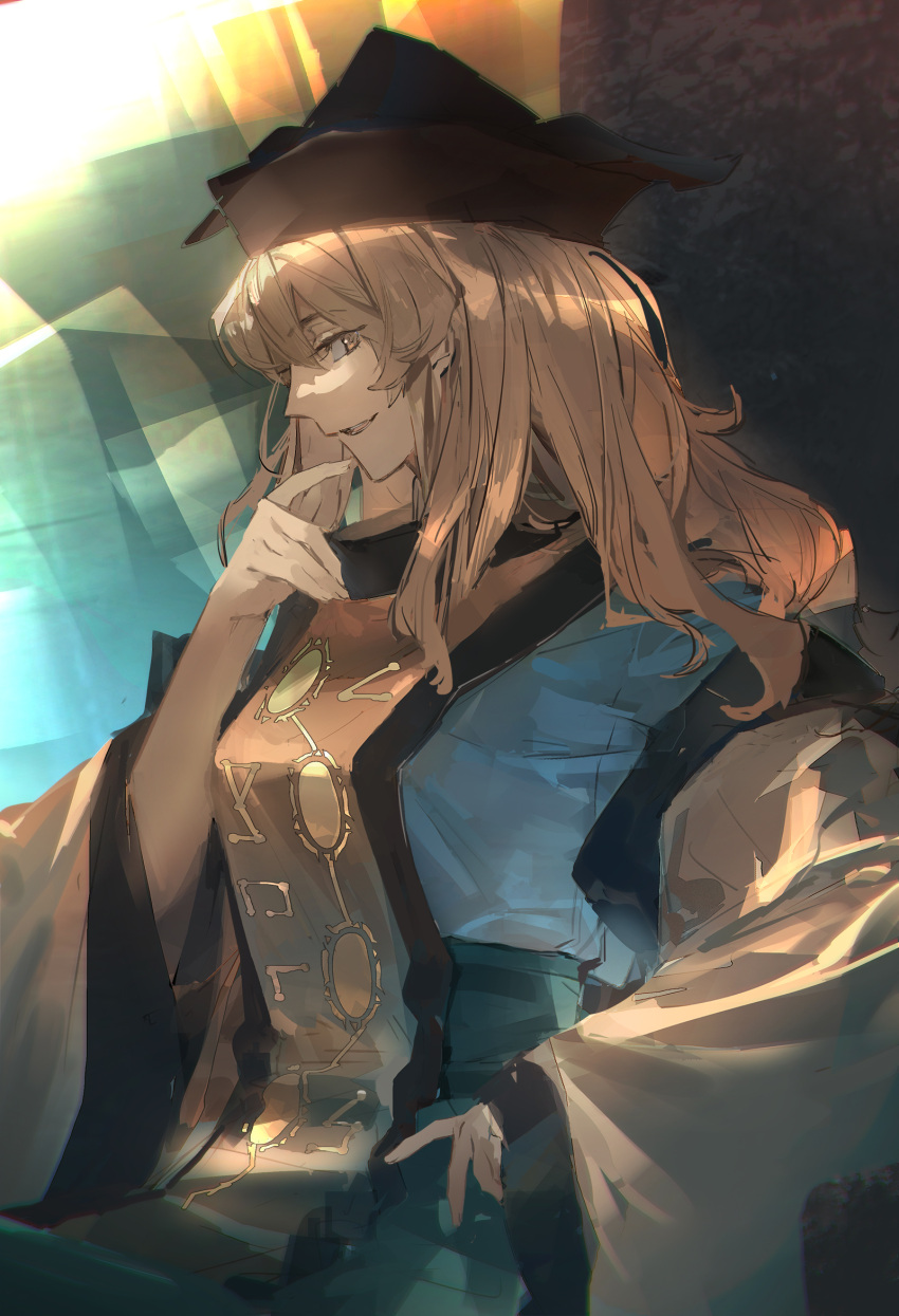1girl, abstract_background, black_hat, blonde_hair, commentary_request, detached_sleeves, green_skirt, hat