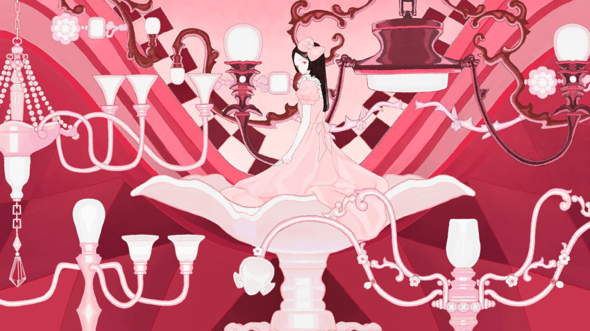 1girl, bow, brown_hair, chandelier, dress, hair_bow, highres, holding