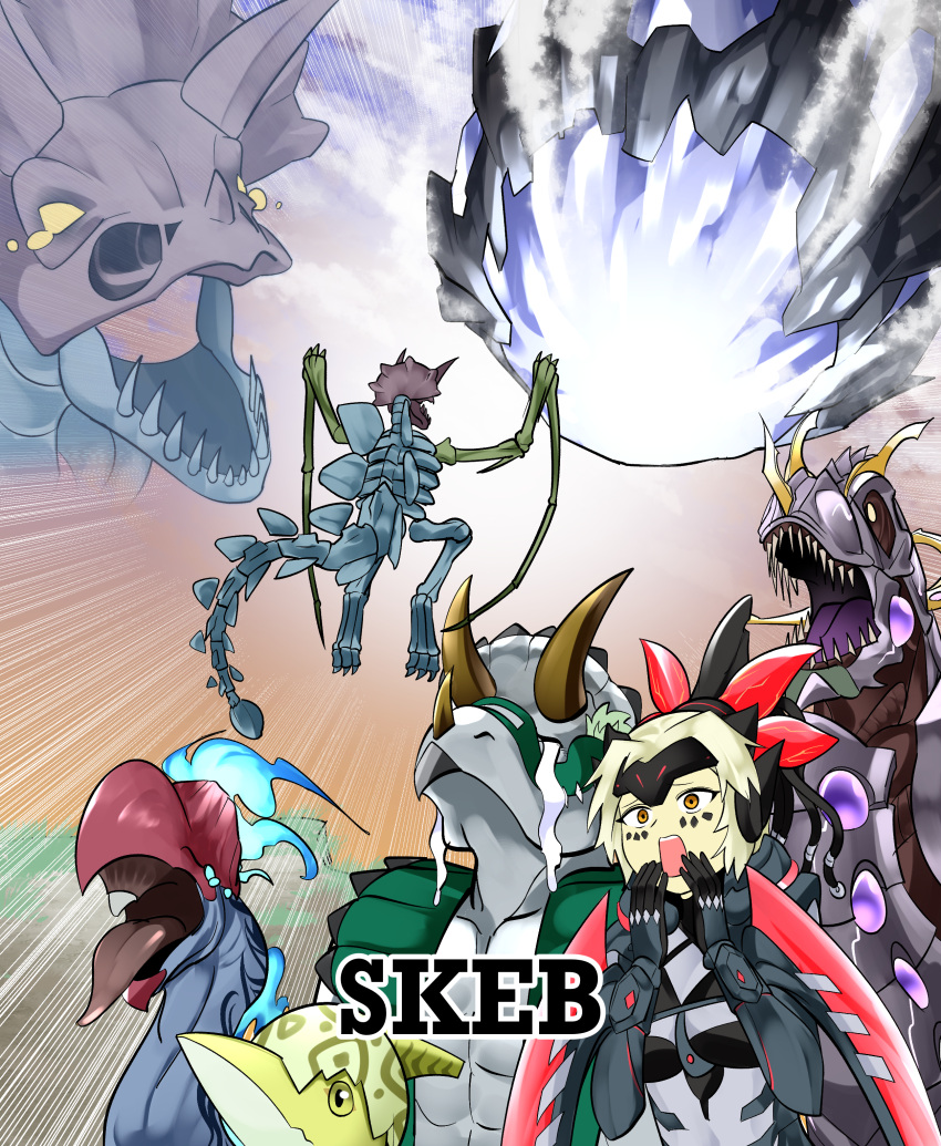 1girl, 2boys, 3others, absurdres, animal_skeleton, arm_blade, blonde_hair, bodysuit, commission, crying, dinomorphia_kentregina, dinosaur, dinosaur_boy, dinowrestler_pankratops, duel_monster, emphasis_lines, gameplay_mechanics, highres, imminent_death, meteor, miscellaneousaurus, multiple_boys, multiple_others, nibiru_the_primal_being, orange_eyes, petiteranodon, sawan_cutman, skeb_commission, souleating_oviraptor, triceratops, watermark, weapon, yu-gi-oh!