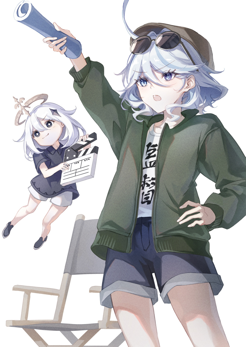 2girls, absurdres, ahoge, alternate_costume, arm_up, blue_eyes, blue_hair, blue_shorts