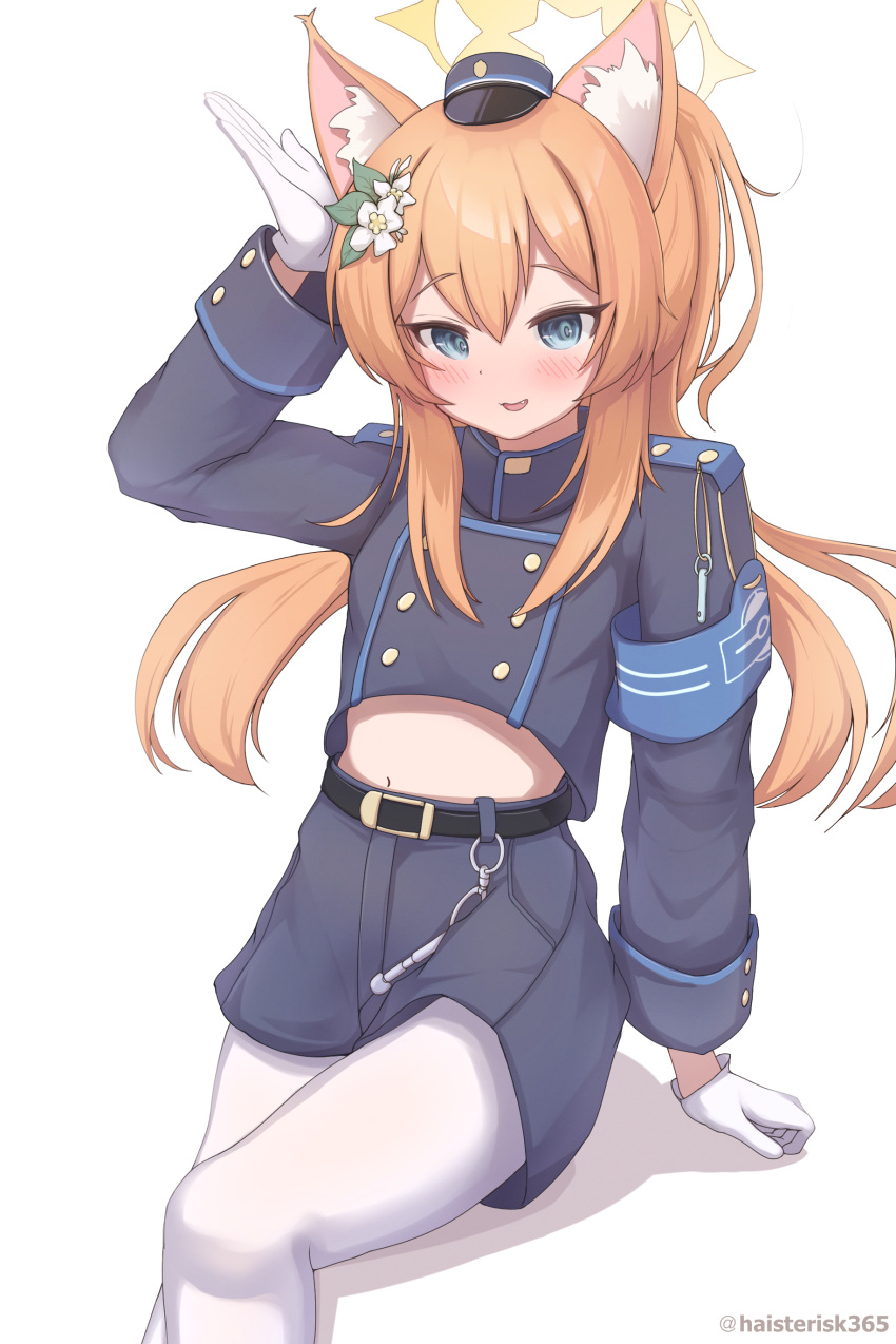1girl, :d, absurdres, alternate_hairstyle, belt, black_belt, blue_archive, blue_eyes, blue_jacket, blue_shorts, blush, buttons, commentary, cosplay, cropped_jacket, double-breasted, fang, flower, gloves, haine_(artist), hair_flower, hair_ornament, halo, hand_to_head, hand_up, hat, highres, jacket, leg_up, long_hair, long_sleeves, looking_at_viewer, mari_(blue_archive), midriff, mini_hat, navel, nozomi_(blue_archive), nozomi_(blue_archive)_(cosplay), orange_hair, pantyhose, short_shorts, shorts, smile, solo, thighs, twintails, very_long_hair, white_flower, white_gloves, white_pantyhose, yellow_halo