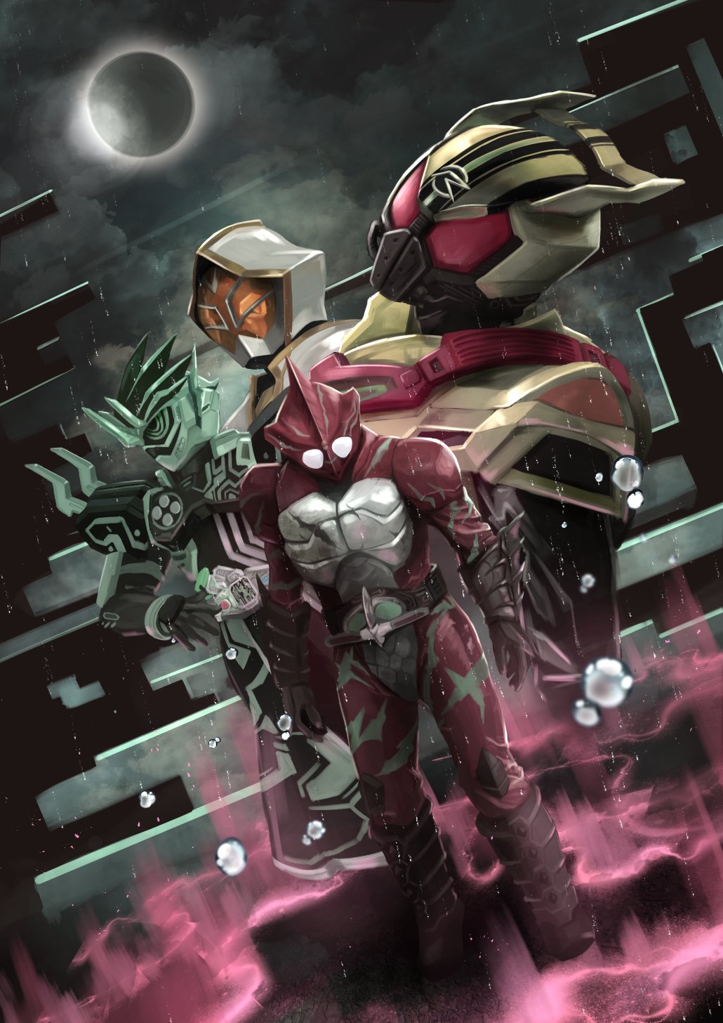 4boys, armor, belt, black_armor, black_hair, bodysuit, cape, clock