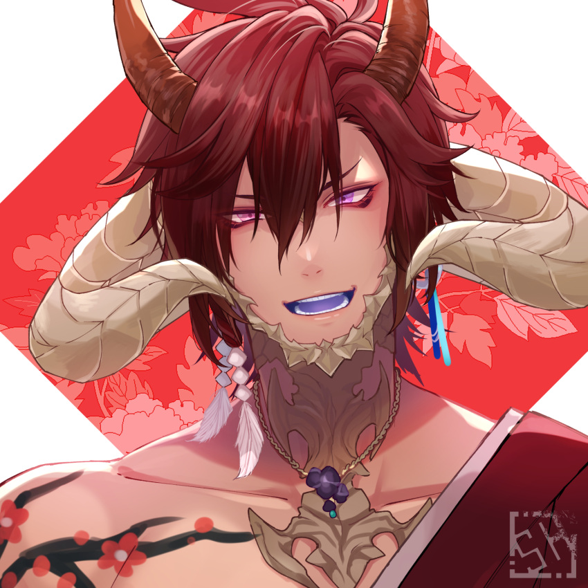 1boy, au_ra, black_hair, collarbone, colored_tongue, commentary_request, dragon_boy, dragon_horns
