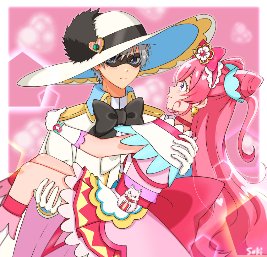 1boy, 1girl, absurdres, apron, back_bow, black_bow, black_mask, black_pepper_(precure)