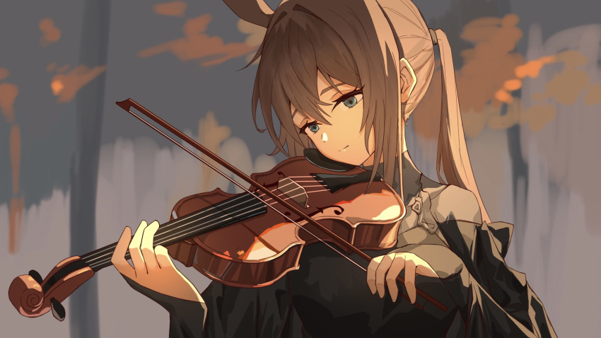 1girl, amiya_(arknights), animal_ears, arknights, black_dress, bow_(music), brown_hair, closed_mouth