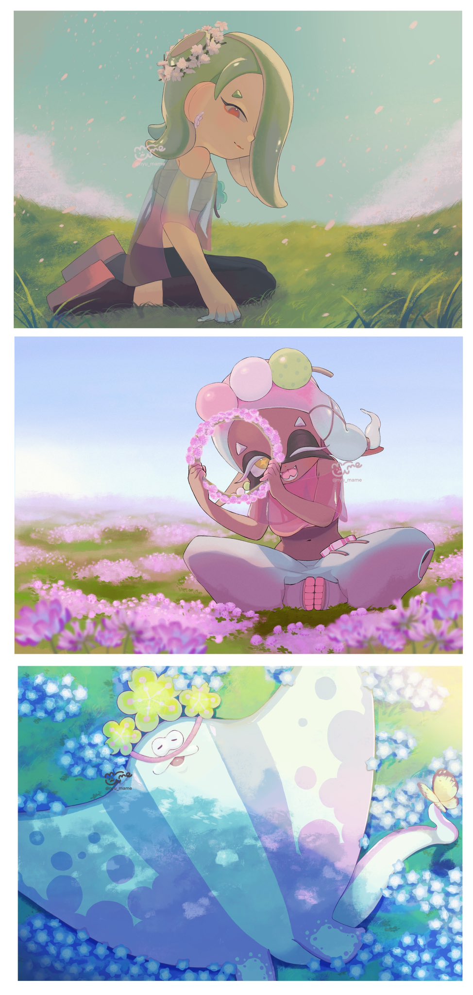 1boy, 2girls, big_man_(splatoon), cephalopod_eyes, chest_sarashi, earrings, flower, frye_(splatoon)