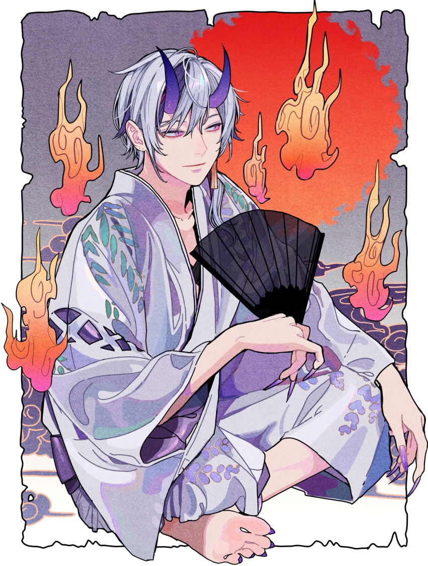 1boy, barefoot, blue_hair, blue_horns, closed_mouth, crossed_legs, demon_boy, earrings