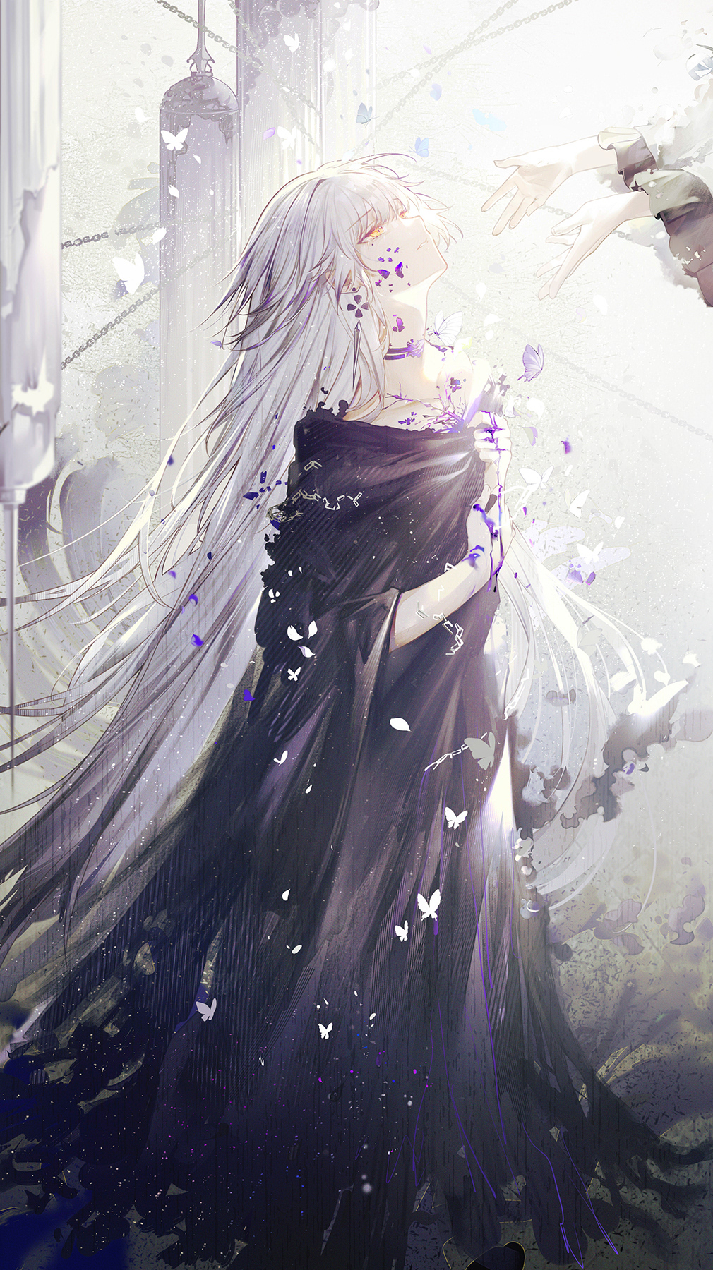 1girl, antoneva, bai_qi-qsr, black_dress, black_sleeves, bug, butterfly, character_name