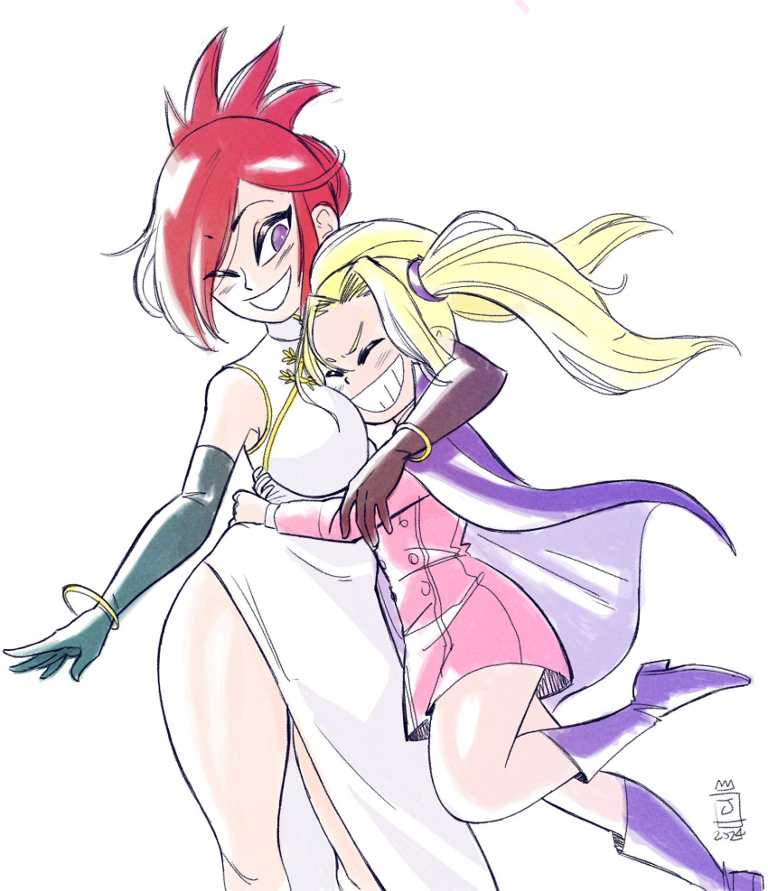 2girls, akatsuki_blitzkampf, asian, blush, boots, breasts, cape, china_dress