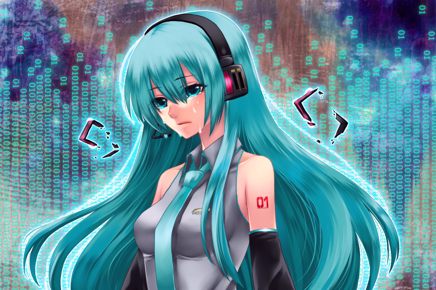 hatsune_miku, headphones, nezu, tears, necktie, vocaloid