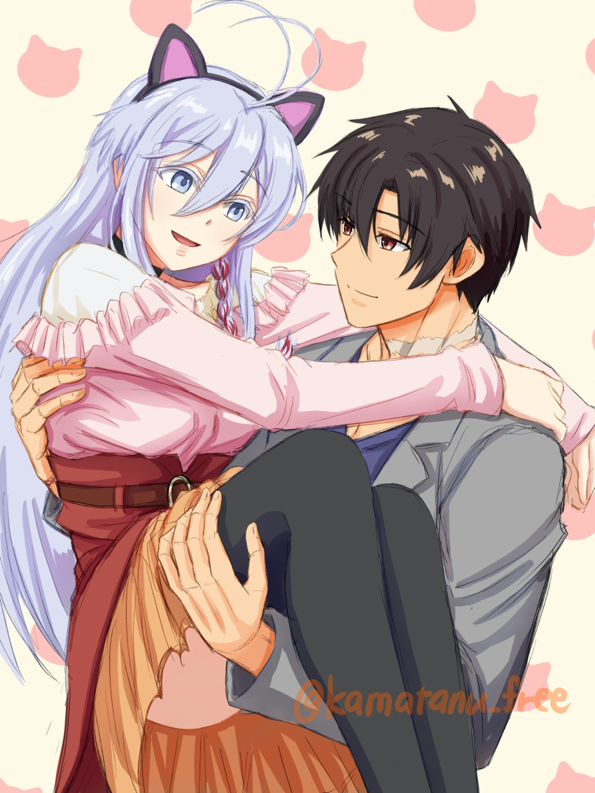 1boy, 1girl, 86_-eightysix-, alternate_costume, animal_ears, antenna_hair, black_choker, black_hair