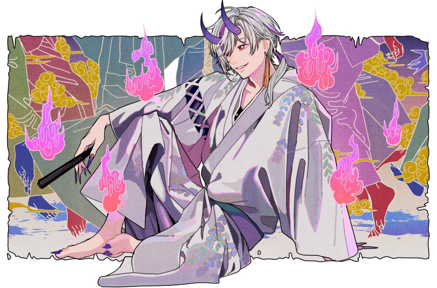 1boy, barefoot, blue_hair, blue_horns, demon_boy, earrings, fingernails, grey_hair