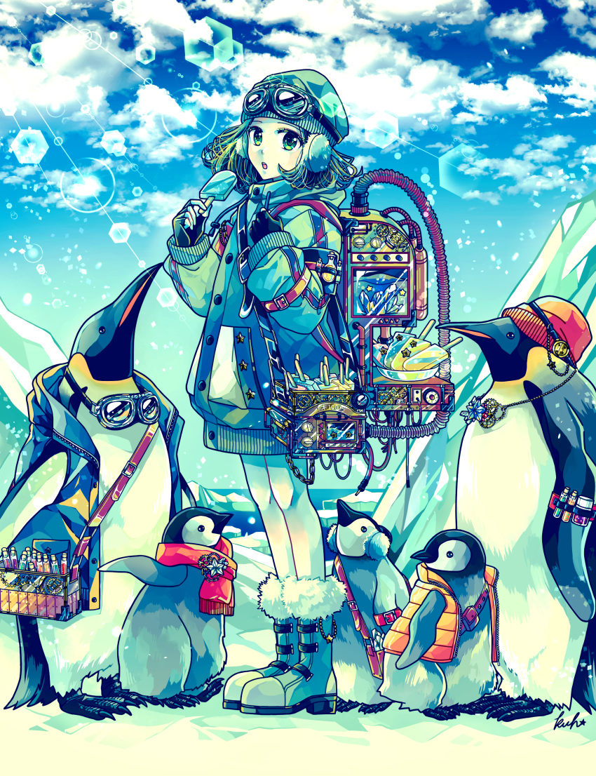 1girl, absurdres, backpack, bag, beanie, bird, blue_sky, boots, clouds, coat, commentary_request, crystal, day, earmuffs, fingerless_gloves, food, full_body, fur-trimmed_boots, fur_trim, gears, glacier, gloves, goggles, goggles_on_head, green_eyes, hat, highres, holding, holding_food, holding_popsicle, ice, iceberg, jacket, kuh_tapiru, lens_flare, long_sleeves, looking_at_viewer, machine, machinery, medium_hair, ocean, original, outdoors, parted_lips, penguin, popsicle, signature, sky, solo, standing, test_tube, water