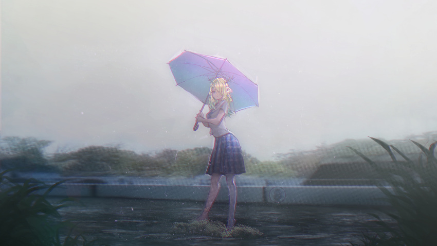 1girl, absurdres, antlers, backlighting, barefoot, blue_skirt, braid, braided_bangs