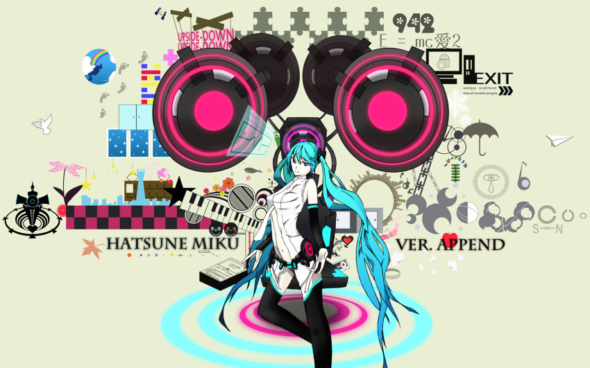 1925_(vocaloid), aqua_hair, bare_shoulders, blue_eyes, boku_no_sainou_(vocaloid), bridal_gauntlets, checkered, elbow_gloves, flower, frutiger_metro, hatsune_miku, hello_planet_(vocaloid), jenga_(vocaloid), keyboard, koi_wa_sensou_(vocaloid), life_size_(vocaloid), magnet_(vocaloid), matryoshka_(vocaloid), miku_append, musunde_hiraite_rasetsu_to_mukuro_(vocaloid), navel, poppippoo_(vocaloid), rolling_girl_(vocaloid), saihate_(vocaloid), star, thigh_highs, twintails, ura-omote_lovers_(vocaloid), very_long_hair, vocaloid, vocaloid_append, world's_end_dancehall_(vocaloid), world_is_mine_(vocaloid), zureteiku_(vocaloid)
