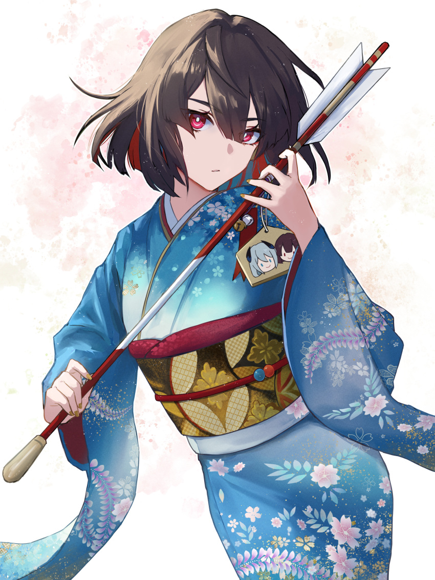 1girl, :/, arrow_(projectile), blue_kimono, brown_hair, colored_inner_hair, contrapposto, cowboy_shot