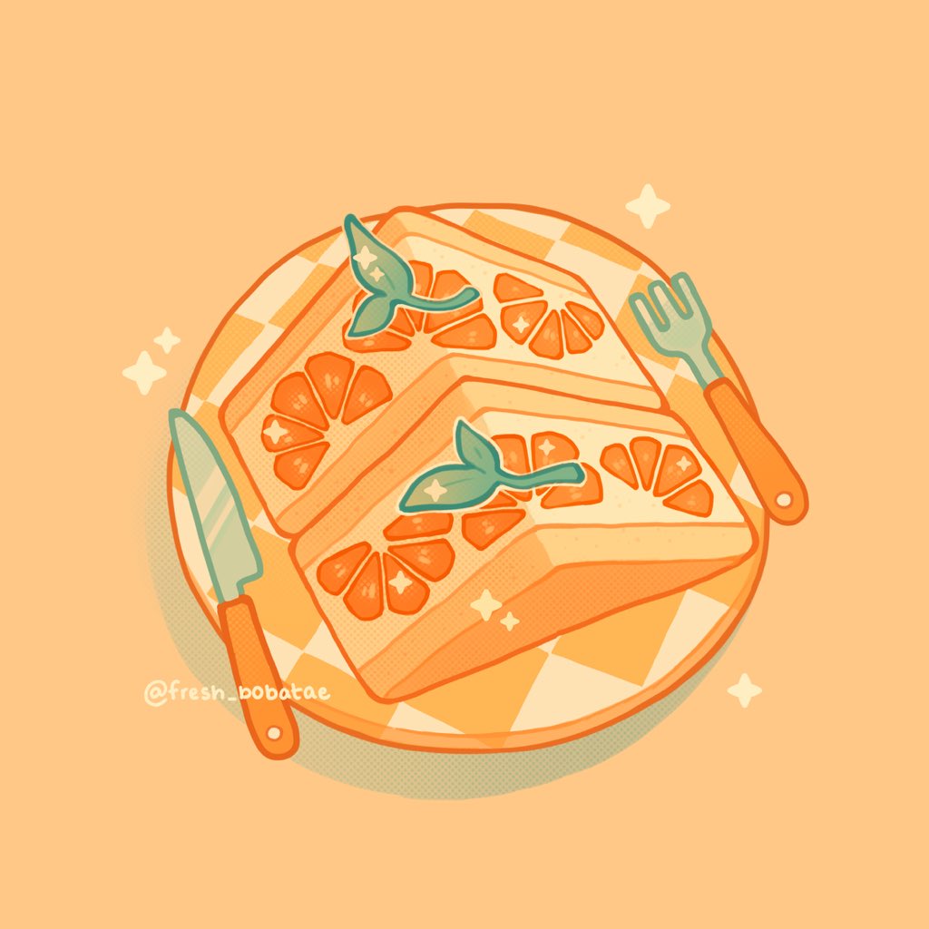 cake, cake_slice, checkered_print, dessert, emily_kim, food, food_focus, fork, fruit, no_humans, orange_(fruit), orange_background, orange_theme, original, pastel_colors, plate, simple_background, sparkle, sprout, twitter_username