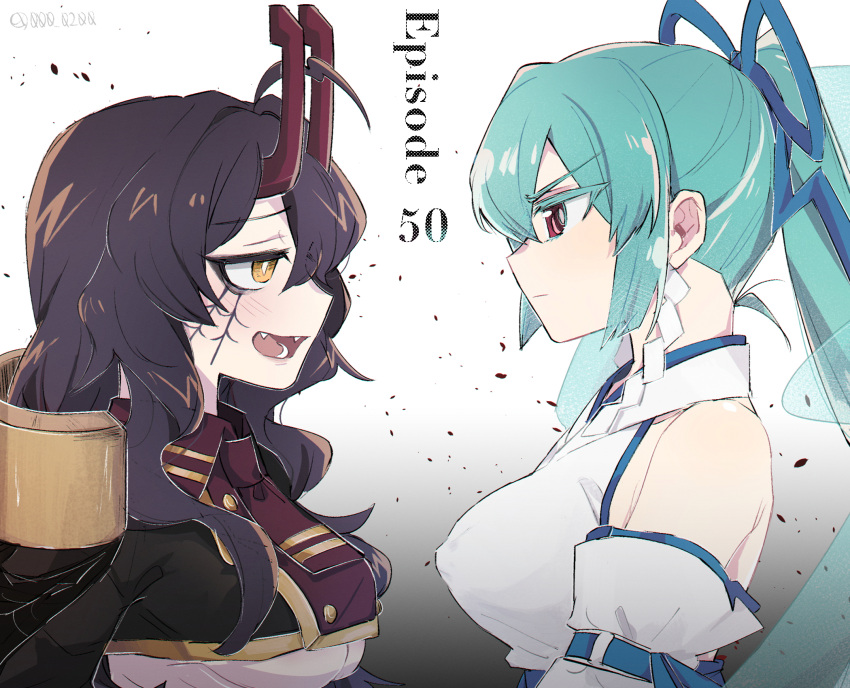 2girls, ahoge, an_sin, black_cape, black_hair, black_horns, black_necktie, blue_hair