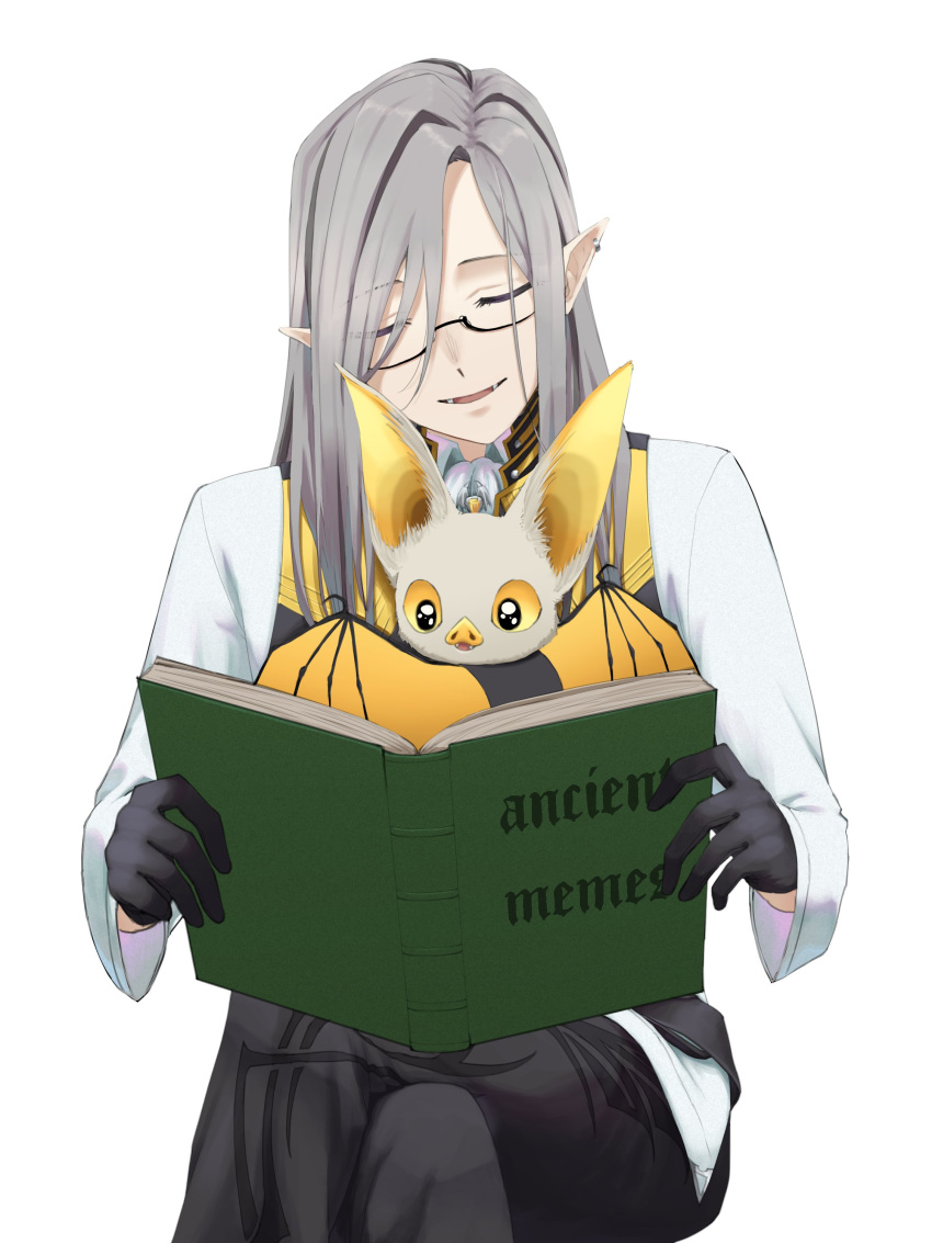 1boy, absurdres, bat_(animal), black_hair, closed_eyes, crossed_legs, english_commentary, fangs