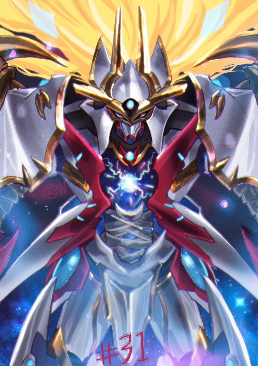 absurdres, artist_logo, blonde_hair, cape, cowboy_shot, cwdw, digimon, digimon_(creature)