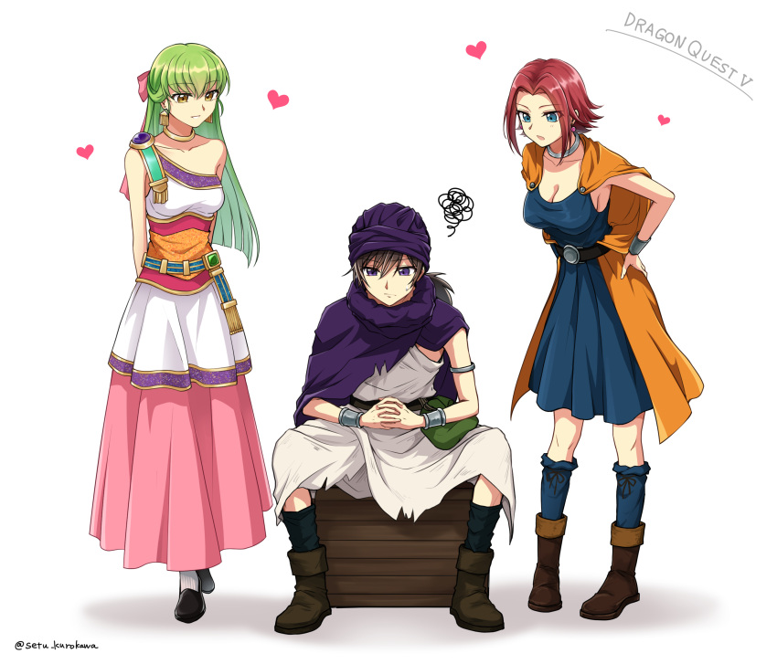 1boy, 2girls, absurdres, alternate_costume, arms_behind_back, belt, bianca_(dq5), bianca_(dq5)_(cosplay)