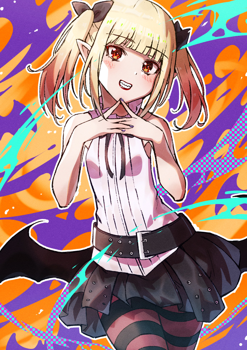 1girl, absurdres, black_ribbon, black_skirt, blonde_hair, blunt_bangs, blush, breasts